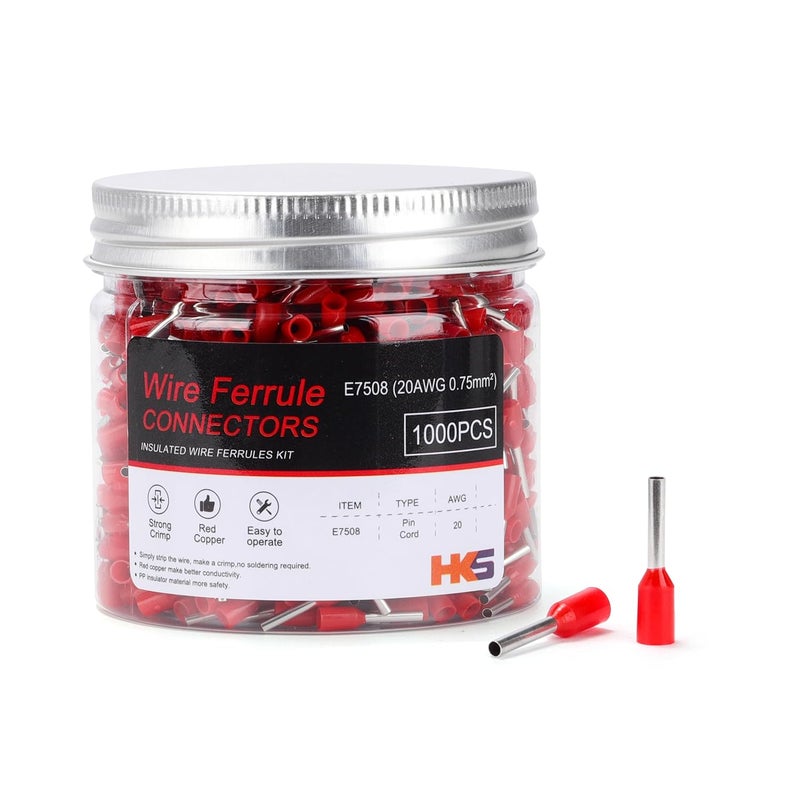 HK-S 1000PCS Wire Ferrule Connectors - AWG 20-0.75mm² Copper Barrel Pin Cord Ends Insulated Ferrules Terminals - E7508 Red - Image 1